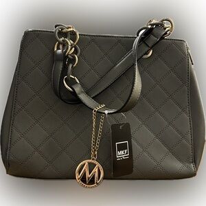 MKF Quilted Shoulder Bag in Olive Green with Gold Accents